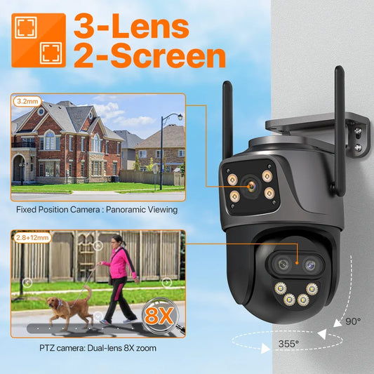 Three Lens Dual Screen Home Security IP Camera 6K 9MP HD WiFi