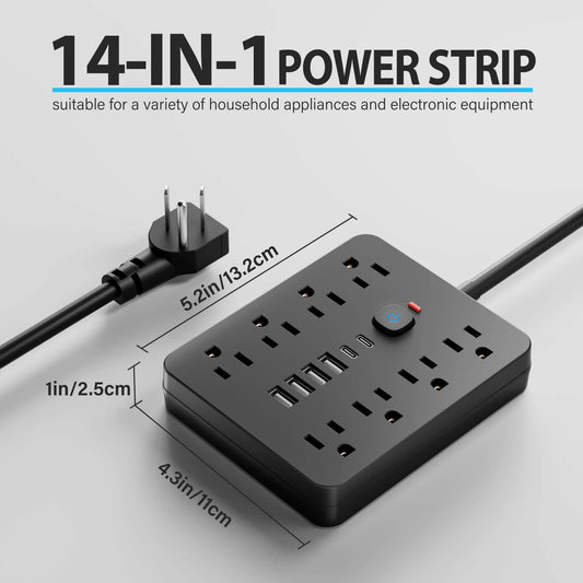 14-in-1 US 5ft Corded Power Outlet Surge Protector, 8 AC Outlets, 4 USB 2 Type-C